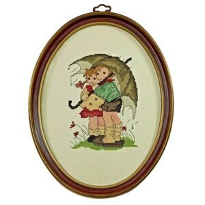Hummel Completed Counted Cross Stitch Oval Framed Wall Decor Vintage